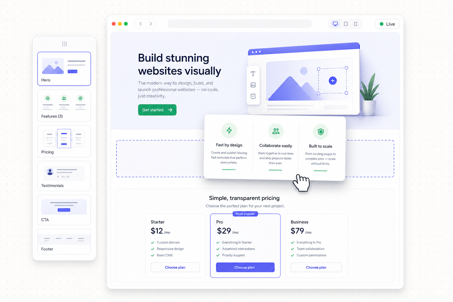 Designing a site visually in the DevDojo Sites builder